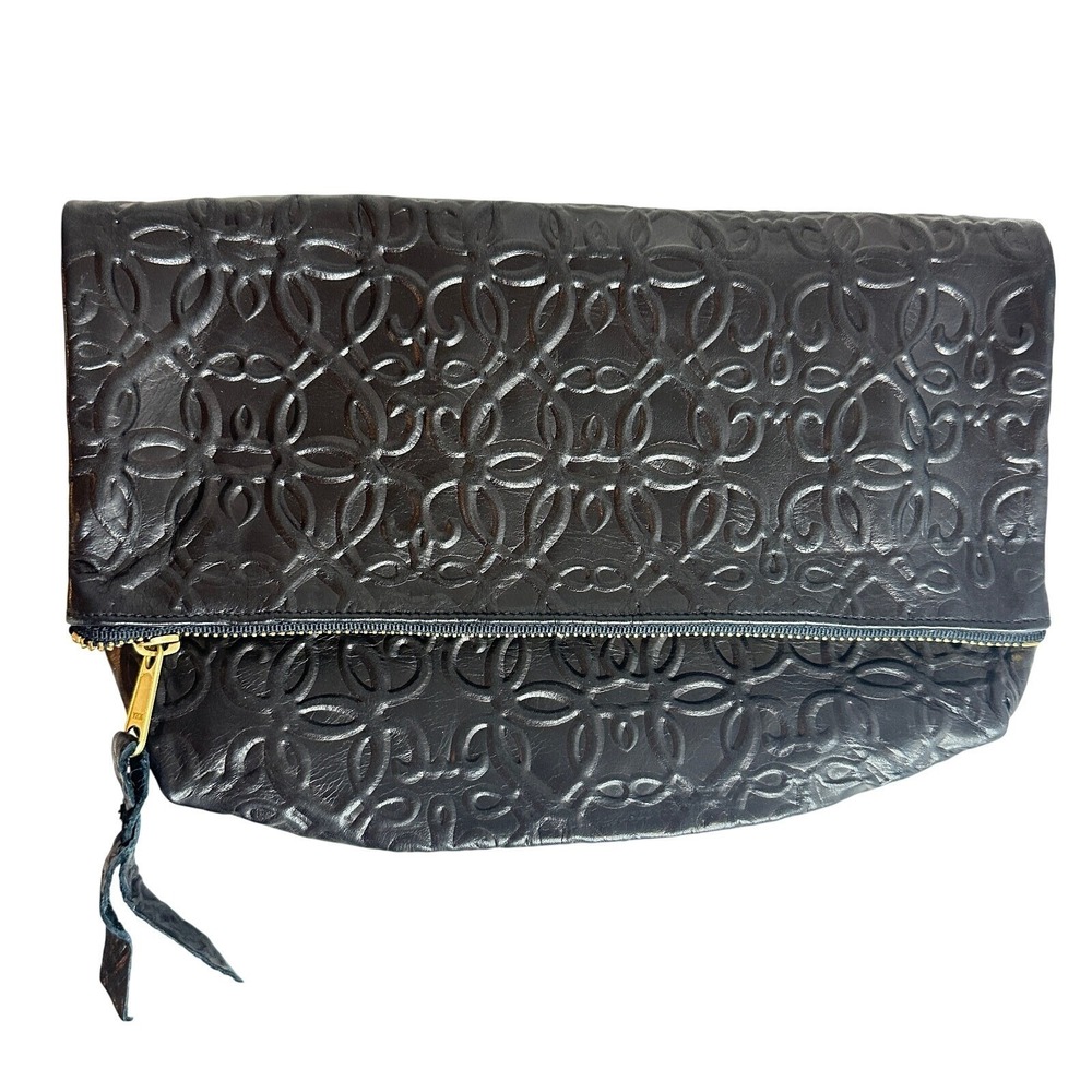 Alex and Ani Gabriel Black Embossed Leather Foldover Clutch Bag Pouch Gold Zip